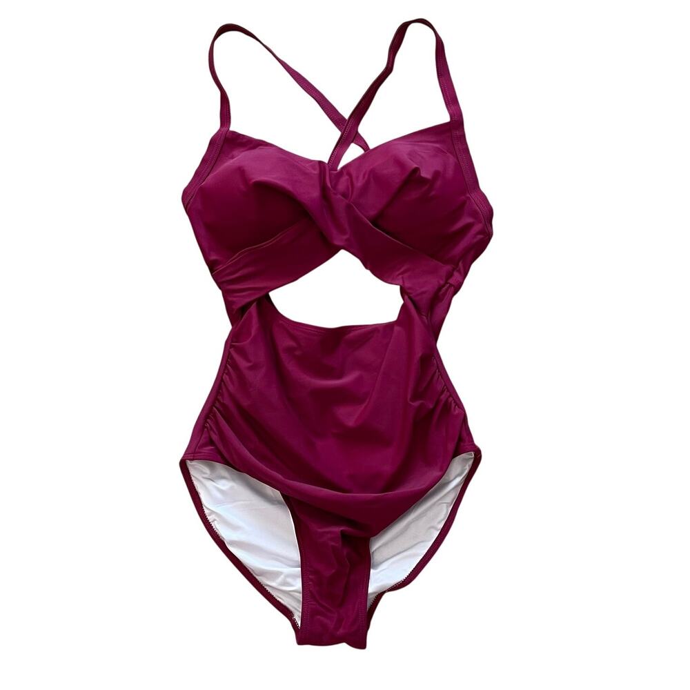 New Burgundy One Piece Cutout Swimsuit, Push Up, Tommy Control, V-Neck, M